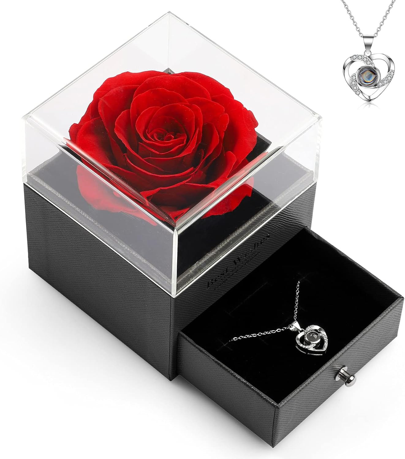 preserved Real Rose with Heart Necklace and Greeting Card. Forever Gifts for Women/Mom/Her/Girlfriend/Wife/Valentine’S Day/Birthday/Anniversary/Thanksgiving/Christmas Wedding (Red)