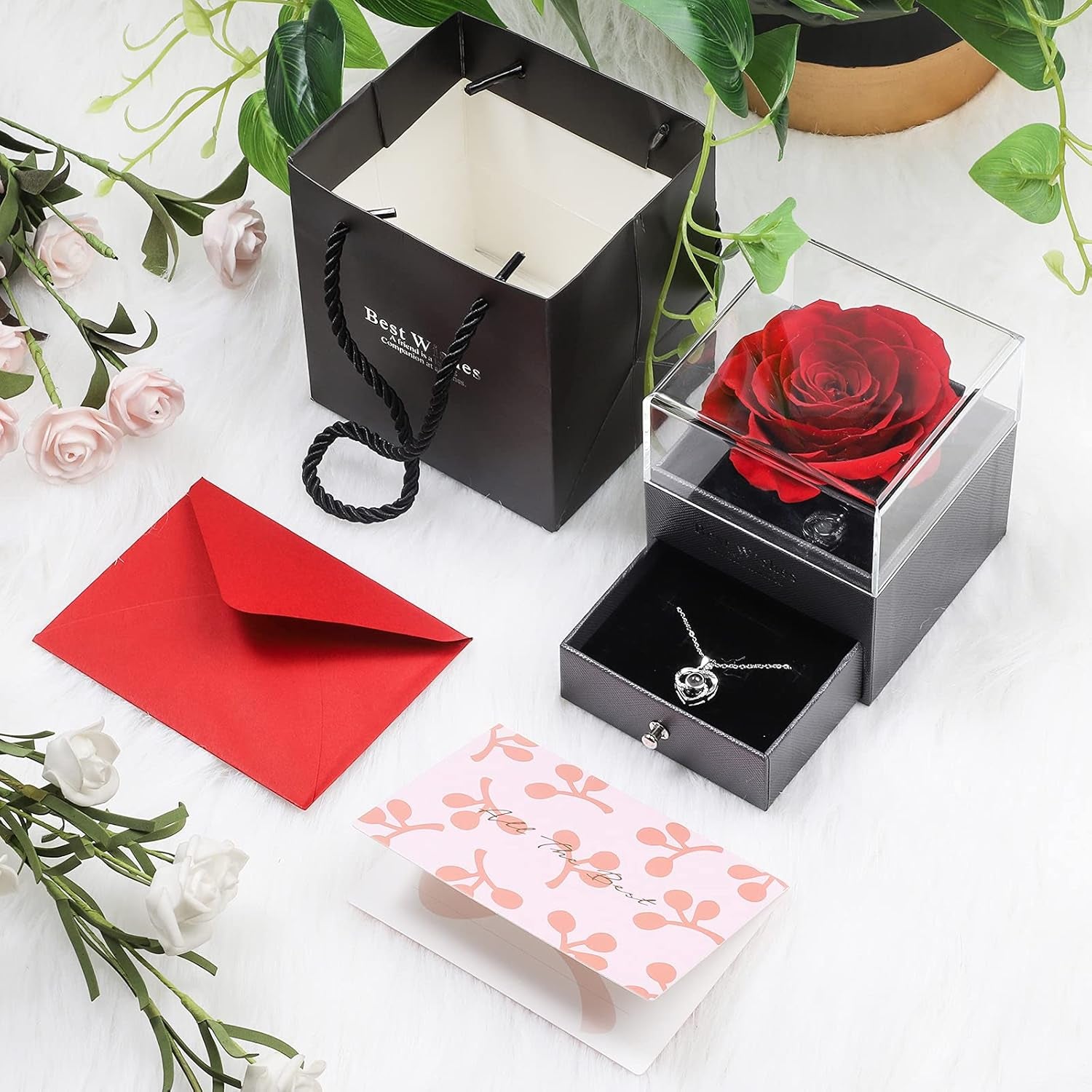 preserved Real Rose with Heart Necklace and Greeting Card. Forever Gifts for Women/Mom/Her/Girlfriend/Wife/Valentine’S Day/Birthday/Anniversary/Thanksgiving/Christmas Wedding (Red)