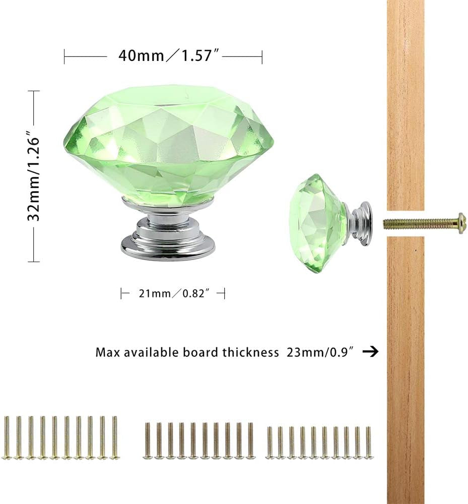 10 PCS Diamond Crystal Glass Pull Handle Cabinet Knobs Cupboard Drawers Cabinet Dresser Bookcase Wardrobe (40Mm, Green)