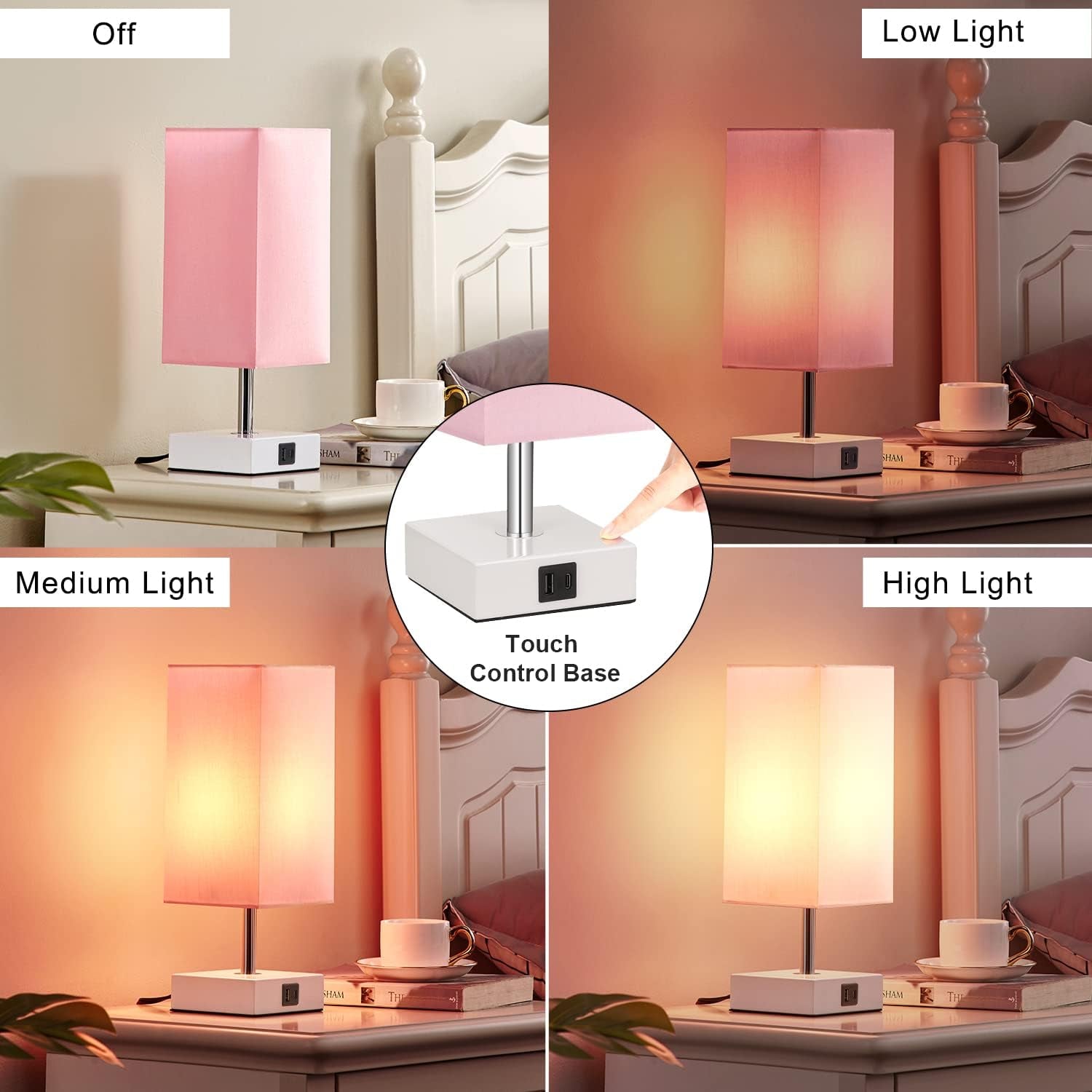 Touch Control Table Lamp with USB A+C Charging Ports, 3 Way Touch Lamps beside Desk, Nightstand Lamp for Bedrooms Living Room, Pink Shade with White Base, LED Bulb Included(Pink)