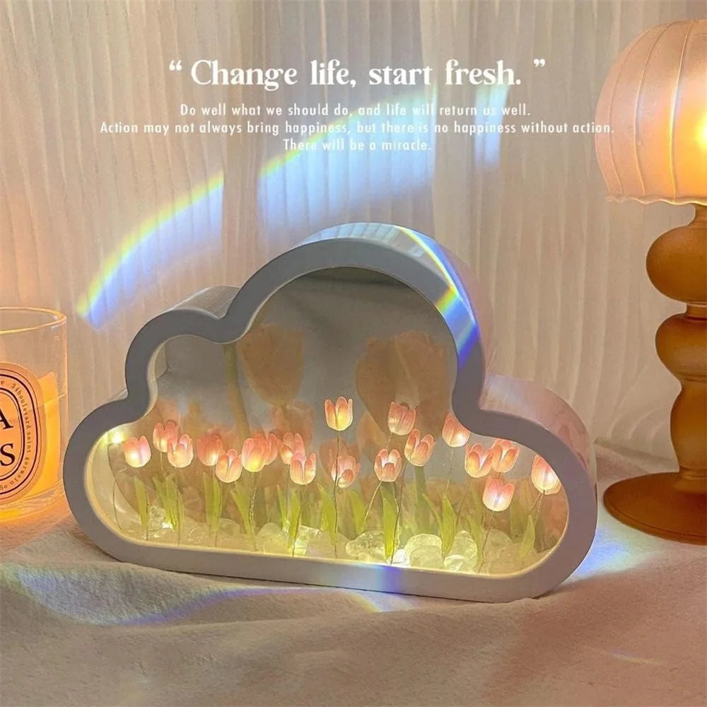 Forever Cloud Mirror Tulips DIY Tulip Night Light Tulip Flower LED Lamp Birthday Gift for Girl Friend Valentine'S Day