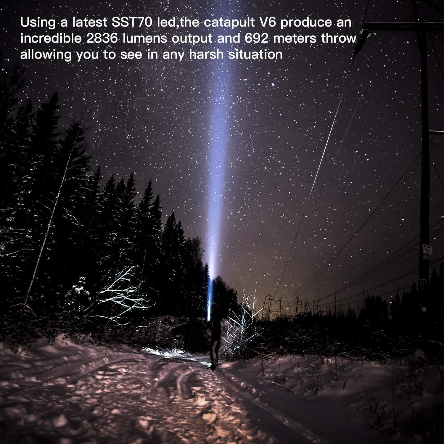 Catapult V6 SST70 LED Rechargeable Flashlight, 756 Yard Throw, 2836 High Lumens Bright Searchlight, Long Beam Distance Flashlight for Hiking, Camping, and Hunting, Black, Cool White - CW