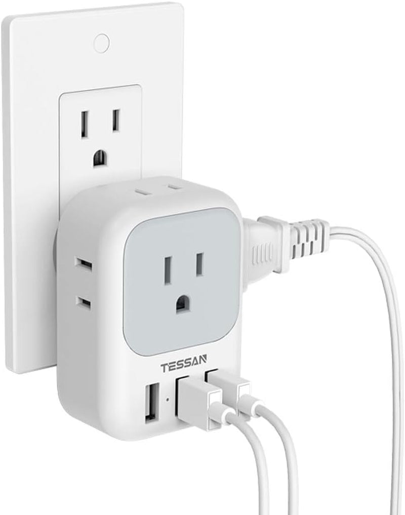 Multi Plug Outlet Extender with USB,  Electrical 4 Box Splitter 3 USB Wall Charger, Multiple Charging Station for Cruise, Travel, Office, Dorm Essentials