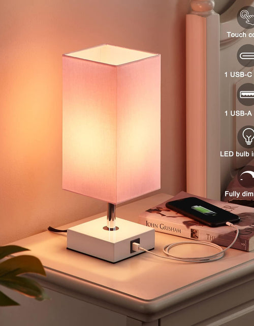 Load image into Gallery viewer, Touch Control Table Lamp with USB A+C Charging Ports, 3 Way Touch Lamps beside Desk, Nightstand Lamp for Bedrooms Living Room, Pink Shade with White Base, LED Bulb Included(Pink)
