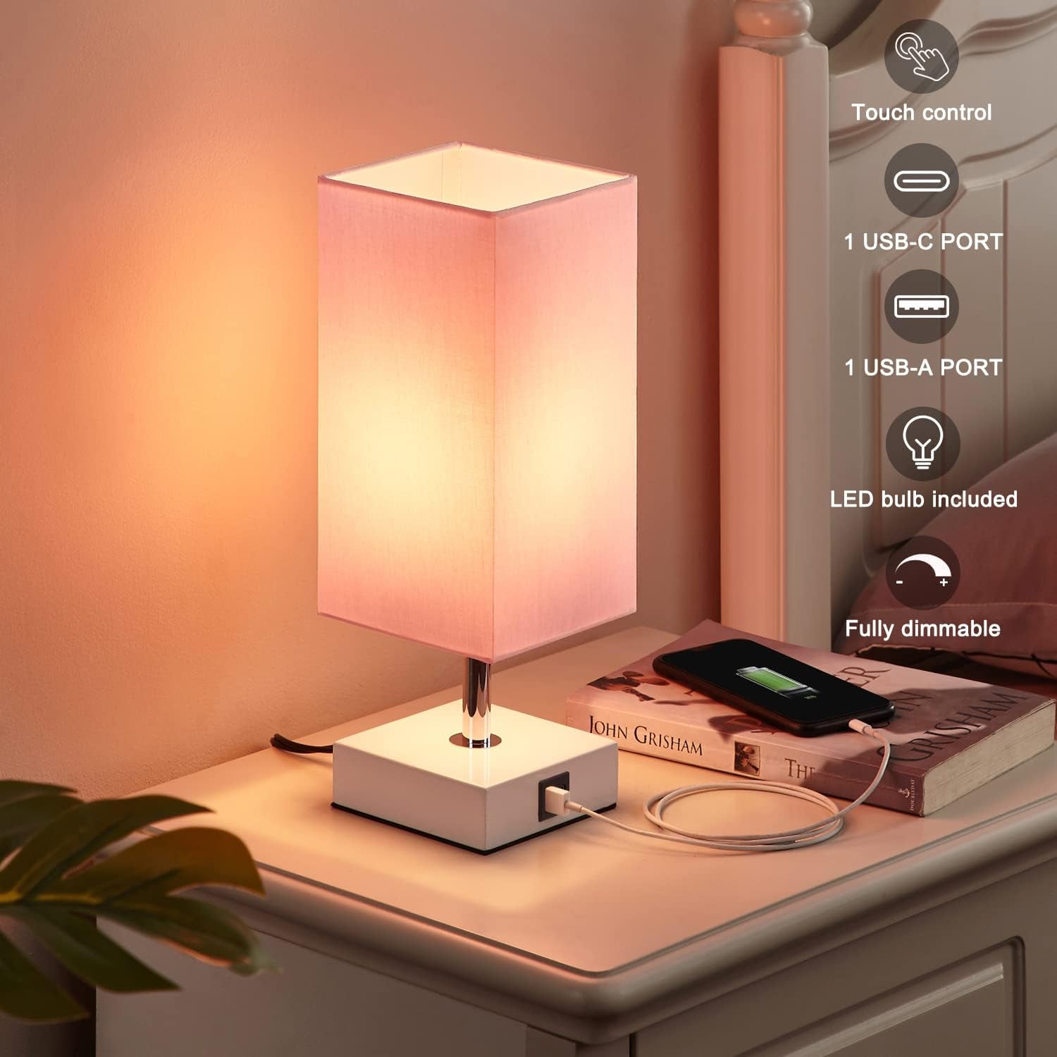 Touch Control Table Lamp with USB A+C Charging Ports, 3 Way Touch Lamps beside Desk, Nightstand Lamp for Bedrooms Living Room, Pink Shade with White Base, LED Bulb Included(Pink)