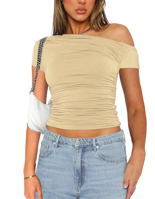 Load image into Gallery viewer, CUTENOVA High Elasticity Fabric Solid Color Slash Shoulder Short Sleeve Shrinkage Pleated Navel Reveal Top Ladies Casual Tops
