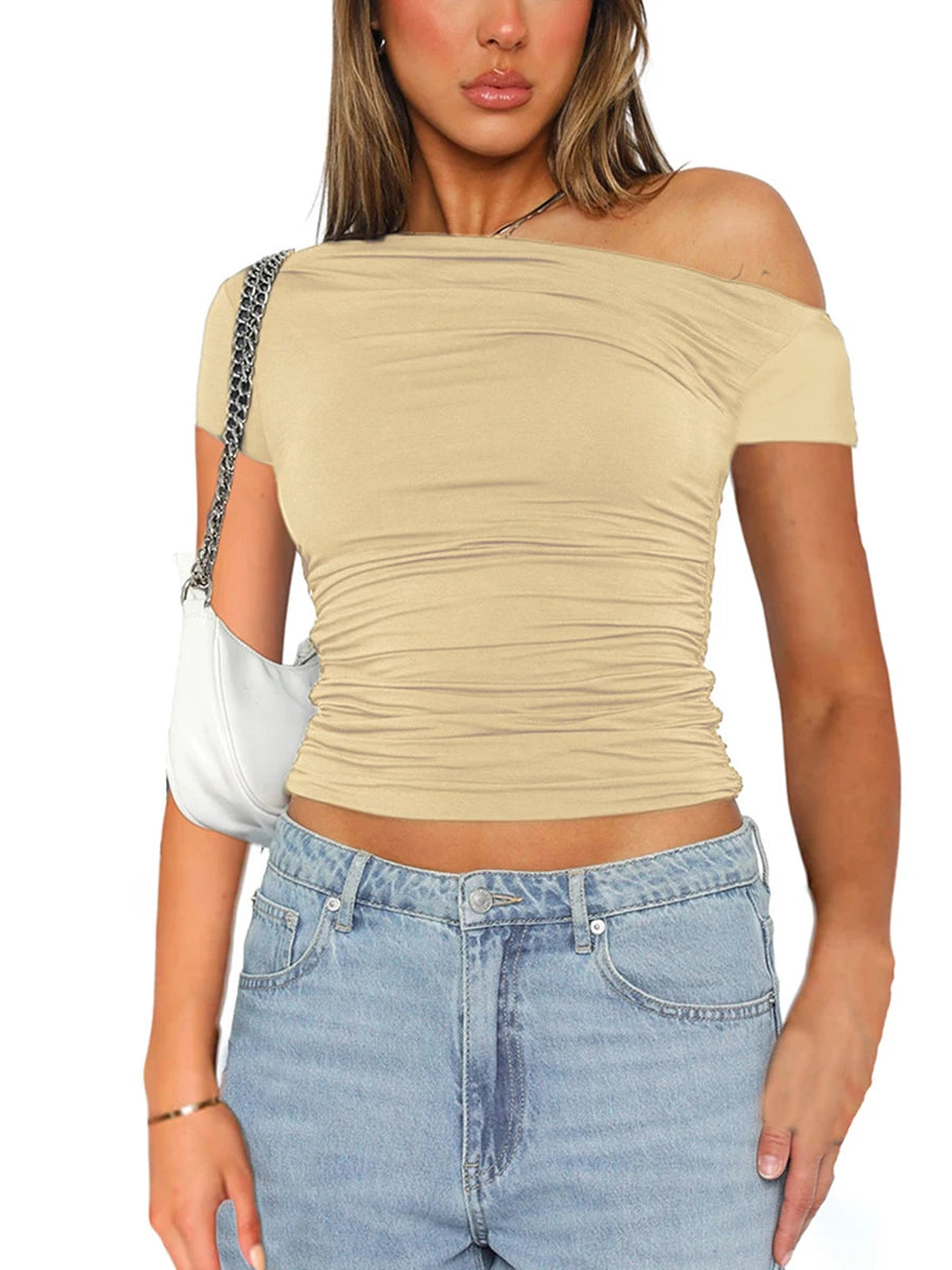 CUTENOVA High Elasticity Fabric Solid Color Slash Shoulder Short Sleeve Shrinkage Pleated Navel Reveal Top Ladies Casual Tops