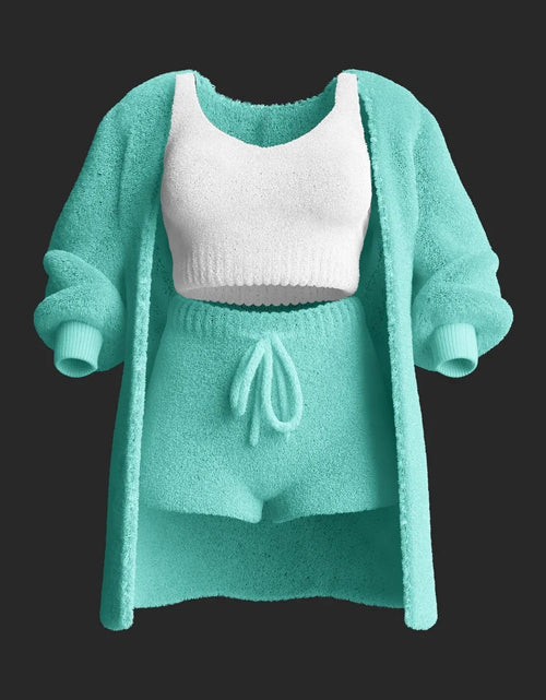 Load image into Gallery viewer, Womens Cosy Knit Set Outfits O Neck Cropped Tank Tops Long Sleeve Fleece Warm Hooded Cardigan Shorts Set Comfortable Loungewear
