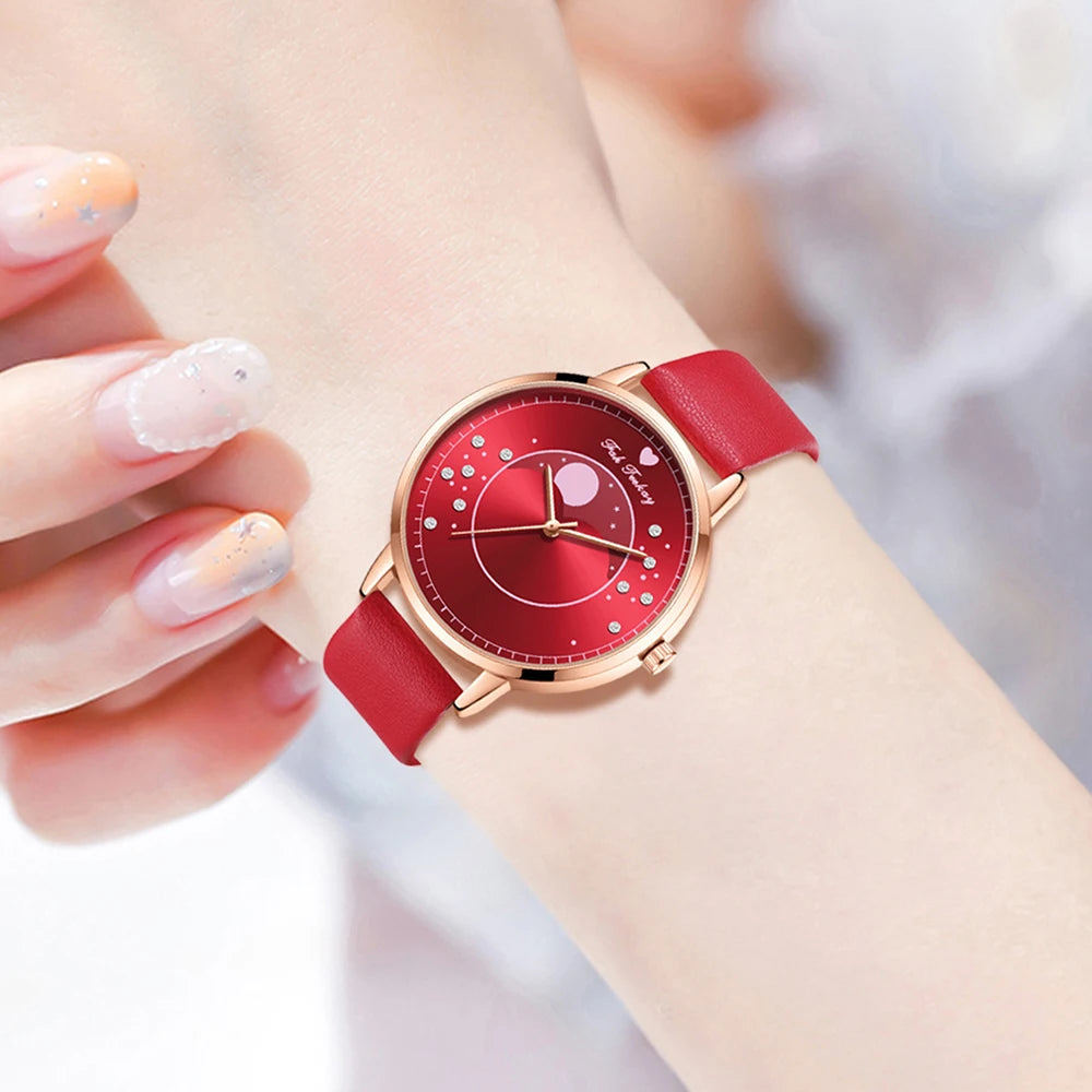 Elegant Red Six Piece Round Quartz Watch With A Red Heart Colored Diamond Alloy Accessory Set, Women's Watch Accessory Set