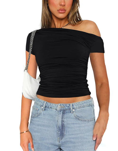 Load image into Gallery viewer, CUTENOVA High Elasticity Fabric Solid Color Slash Shoulder Short Sleeve Shrinkage Pleated Navel Reveal Top Ladies Casual Tops
