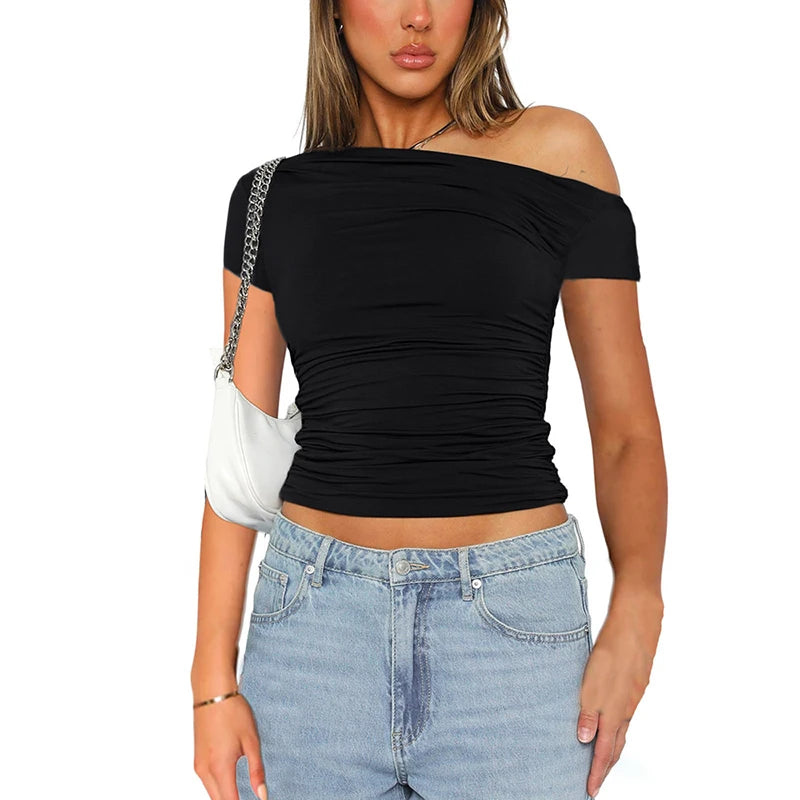 CUTENOVA High Elasticity Fabric Solid Color Slash Shoulder Short Sleeve Shrinkage Pleated Navel Reveal Top Ladies Casual Tops