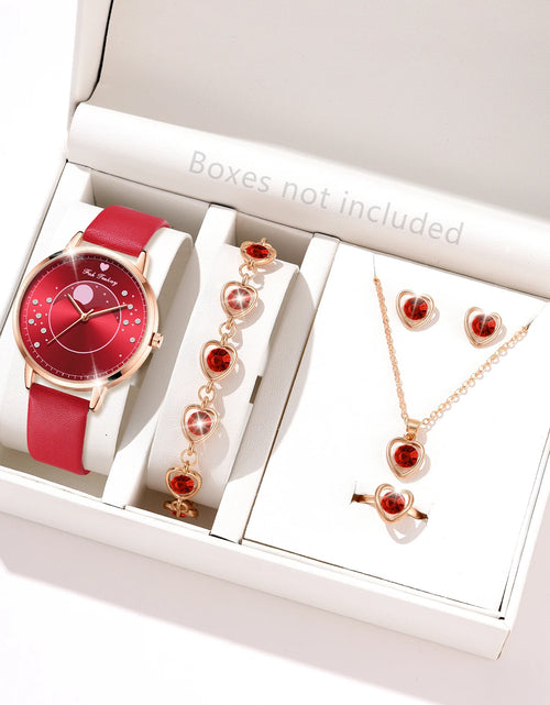 Load image into Gallery viewer, Elegant Red Six Piece Round Quartz Watch With A Red Heart Colored Diamond Alloy Accessory Set, Women&#39;s Watch Accessory Set
