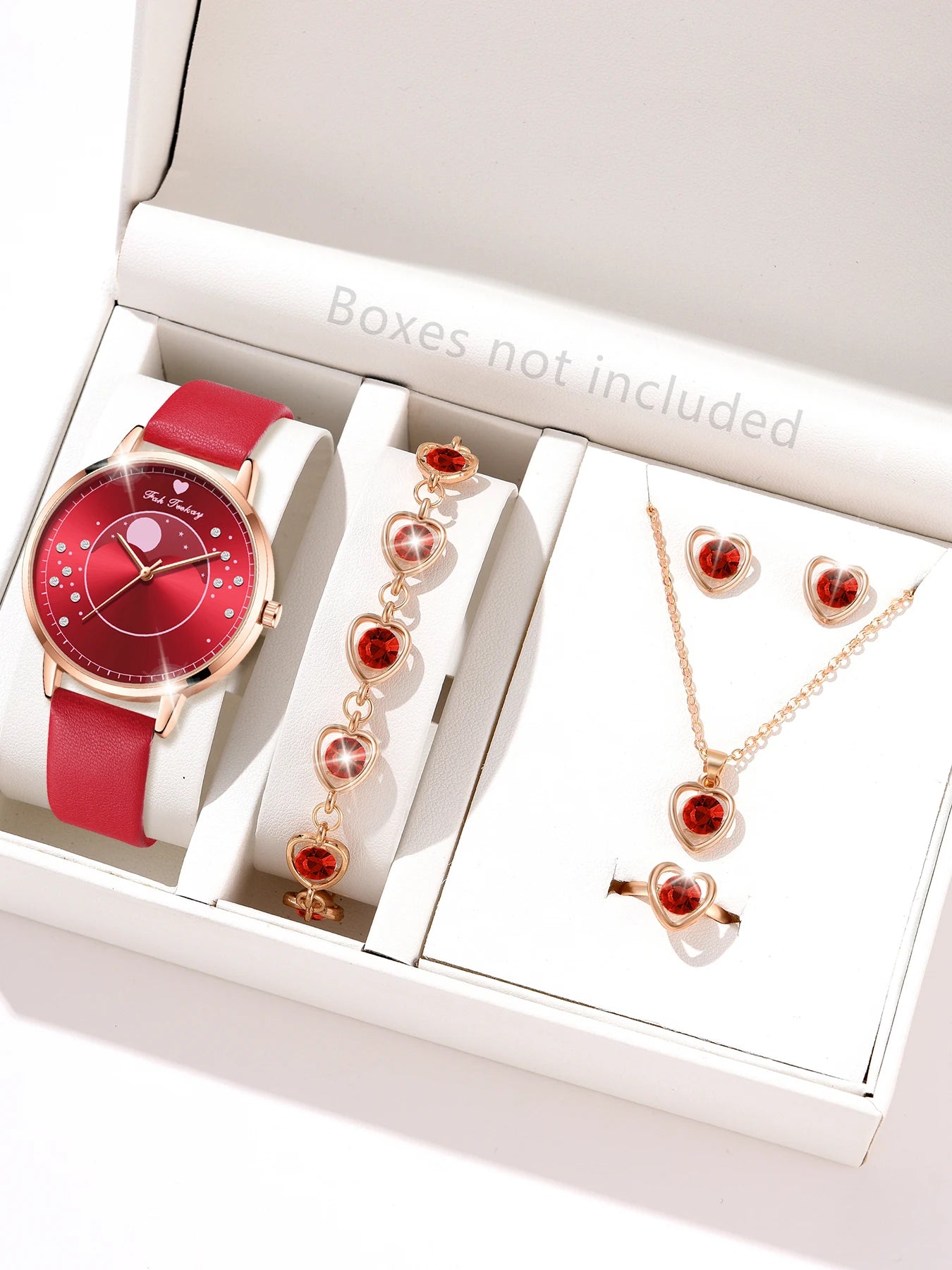 Elegant Red Six Piece Round Quartz Watch With A Red Heart Colored Diamond Alloy Accessory Set, Women's Watch Accessory Set