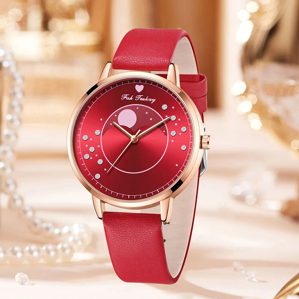 Elegant Red Six Piece Round Quartz Watch With A Red Heart Colored Diamond Alloy Accessory Set, Women's Watch Accessory Set