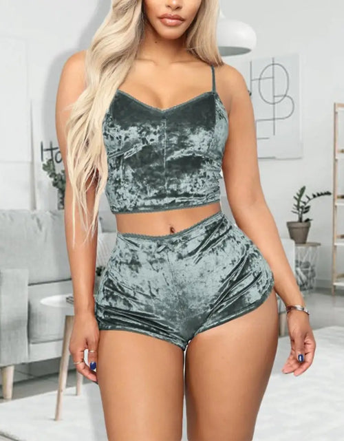 Load image into Gallery viewer, Women Sleepwear Set Sports Shorts 2 Piece Spaghetti Strap Solid Color Backless Pajama Valentines Day Gift Summer Pajama Sets
