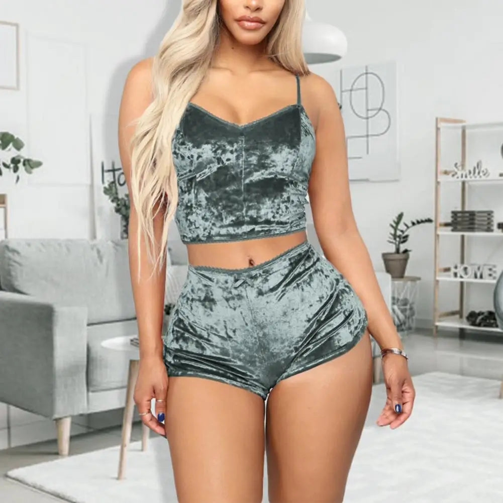 Women Sleepwear Set Sports Shorts 2 Piece Spaghetti Strap Solid Color Backless Pajama Valentines Day Gift Summer Pajama Sets