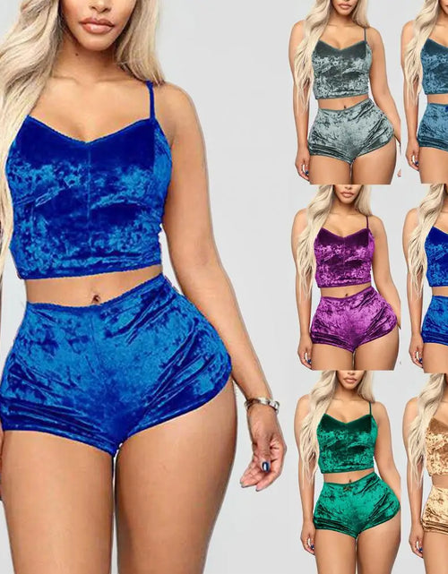 Load image into Gallery viewer, Women Sleepwear Set Sports Shorts 2 Piece Spaghetti Strap Solid Color Backless Pajama Valentines Day Gift Summer Pajama Sets
