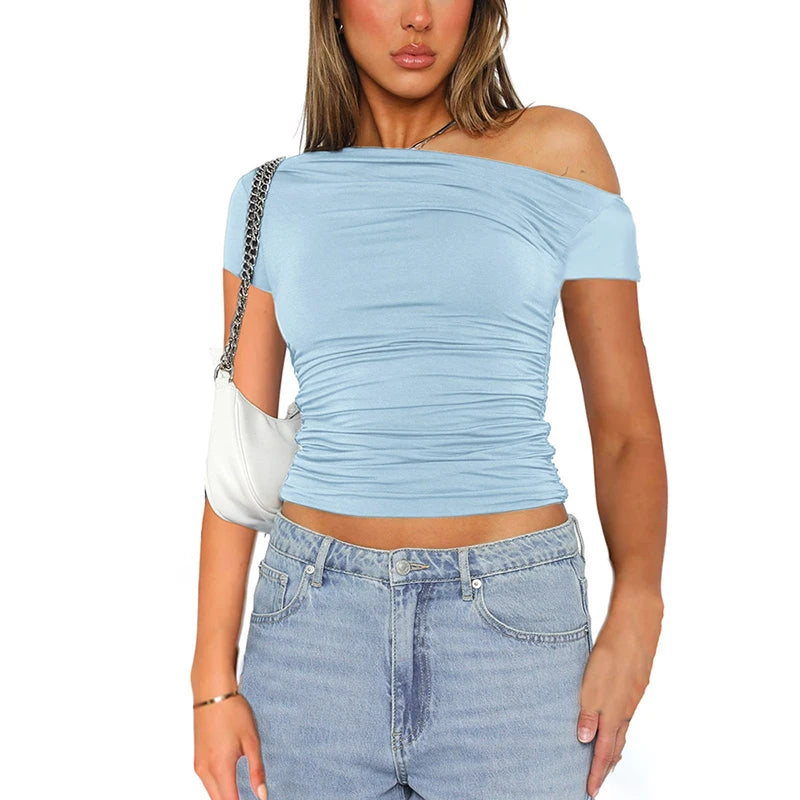 CUTENOVA High Elasticity Fabric Solid Color Slash Shoulder Short Sleeve Shrinkage Pleated Navel Reveal Top Ladies Casual Tops