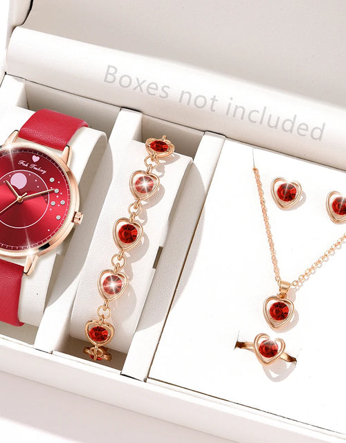 Load image into Gallery viewer, Elegant Red Six Piece Round Quartz Watch With A Red Heart Colored Diamond Alloy Accessory Set, Women&#39;s Watch Accessory Set
