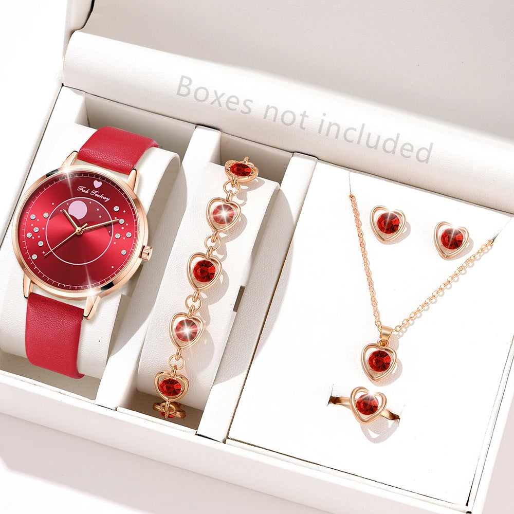 Elegant Red Six Piece Round Quartz Watch With A Red Heart Colored Diamond Alloy Accessory Set, Women's Watch Accessory Set