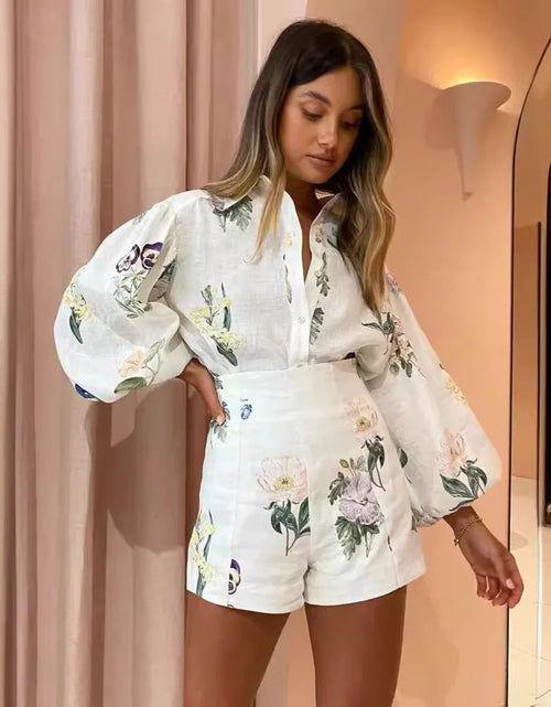 Load image into Gallery viewer, Summer New Suit For Women Office Fashion Linen Printed Long-sleeved Shirt Temperament High Waist Shorts Two-piece Set For Women
