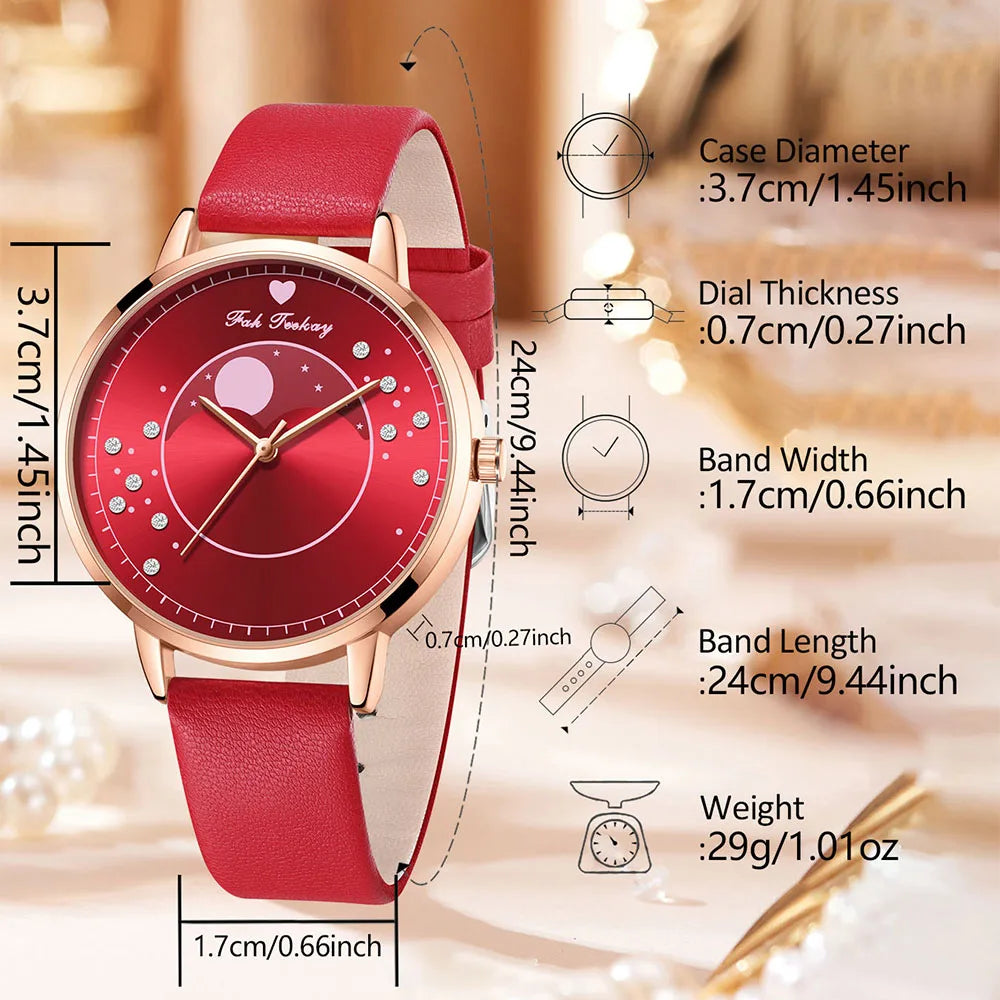 Elegant Red Six Piece Round Quartz Watch With A Red Heart Colored Diamond Alloy Accessory Set, Women's Watch Accessory Set