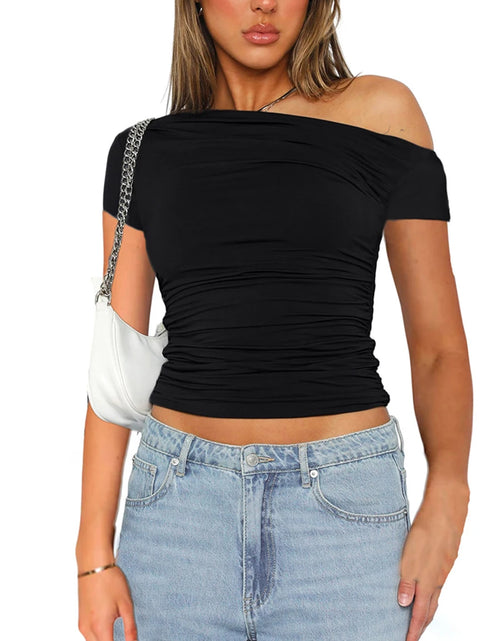 Load image into Gallery viewer, CUTENOVA High Elasticity Fabric Solid Color Slash Shoulder Short Sleeve Shrinkage Pleated Navel Reveal Top Ladies Casual Tops
