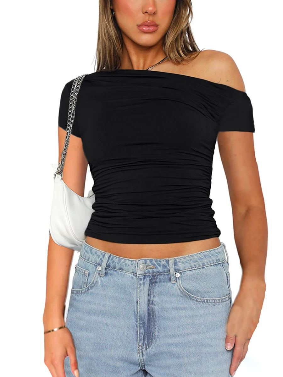 CUTENOVA High Elasticity Fabric Solid Color Slash Shoulder Short Sleeve Shrinkage Pleated Navel Reveal Top Ladies Casual Tops