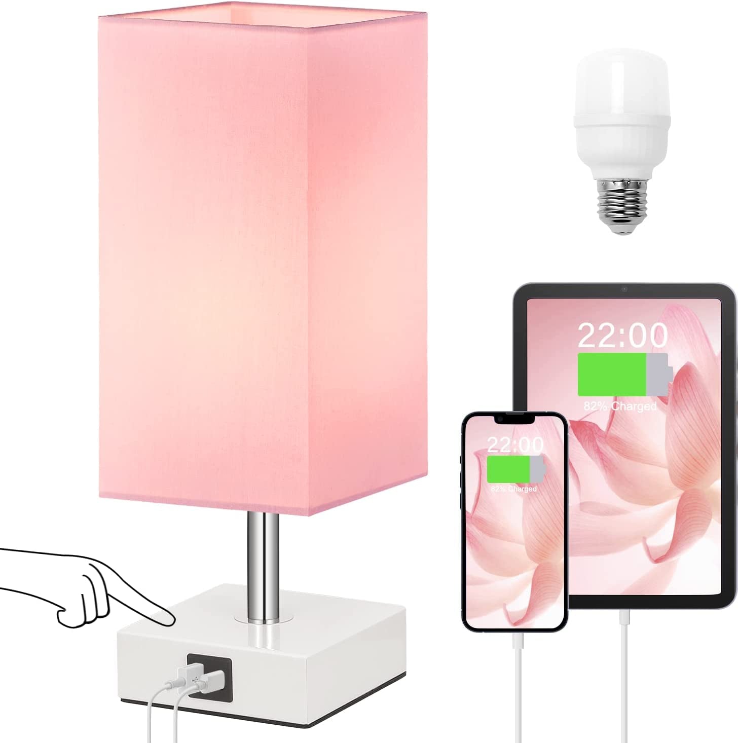 Touch Control Table Lamp with USB A+C Charging Ports, 3 Way Touch Lamps beside Desk, Nightstand Lamp for Bedrooms Living Room, Pink Shade with White Base, LED Bulb Included(Pink)