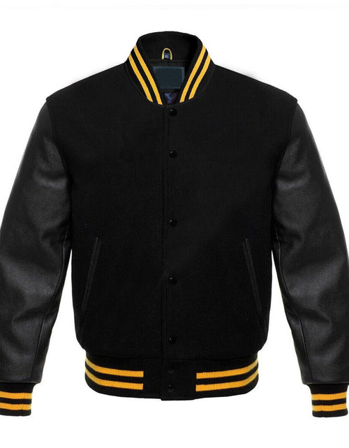 Load image into Gallery viewer, Varsity Bomber Letterman Black Wool &amp; Real Cowhide Leather Sleeves Jackets
