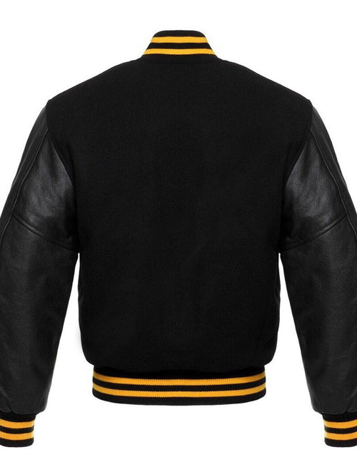 Load image into Gallery viewer, Varsity Bomber Letterman Black Wool &amp; Real Cowhide Leather Sleeves Jackets
