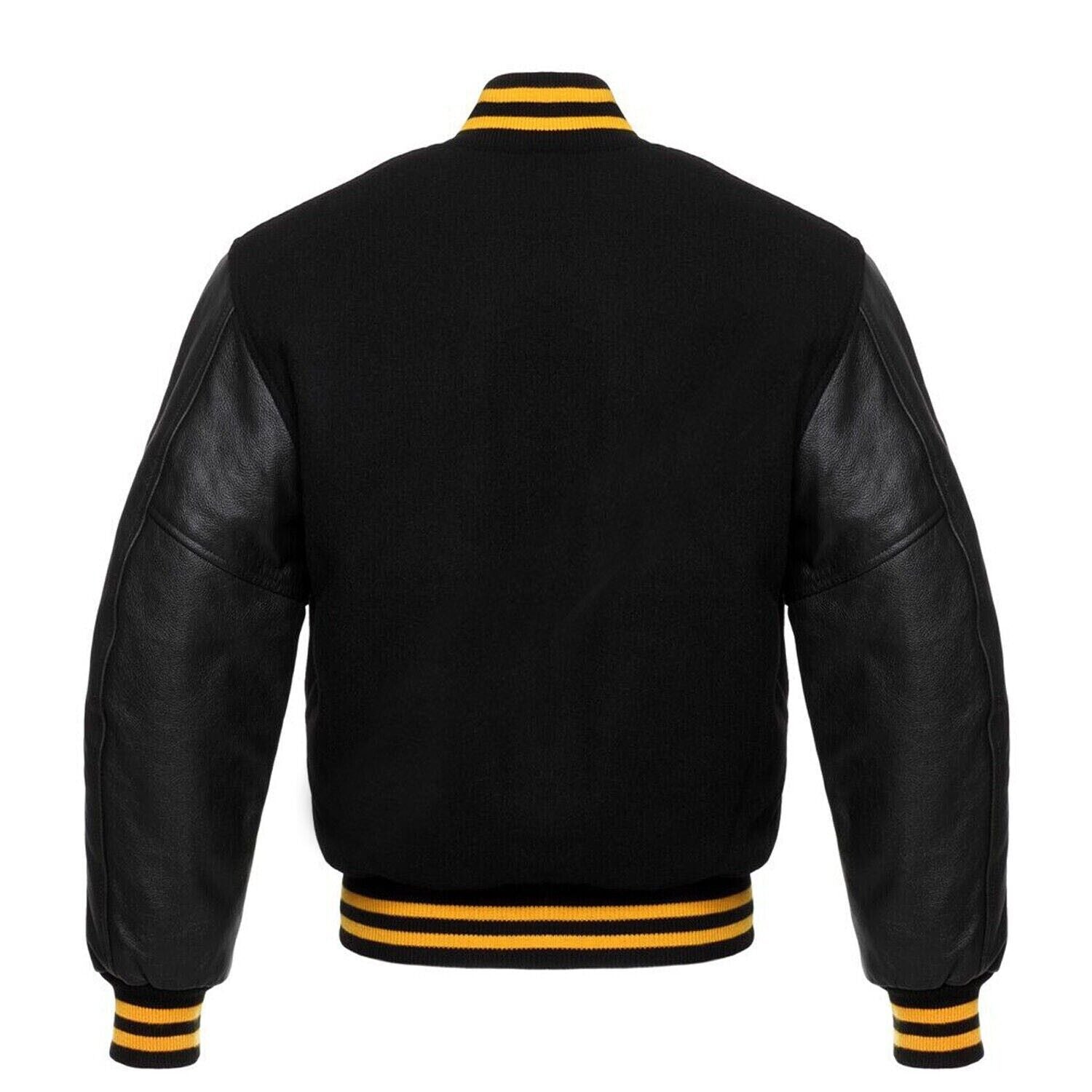 Varsity Bomber Letterman Black Wool & Real Cowhide Leather Sleeves Jackets